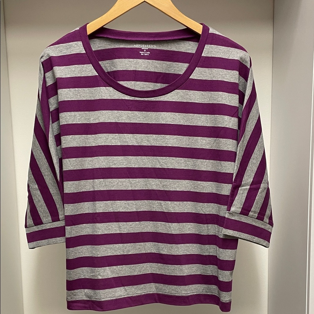 Appleseed's Women's 3/4 Sleeve Purple and Gray Striped Tee 100% Cotton Size M